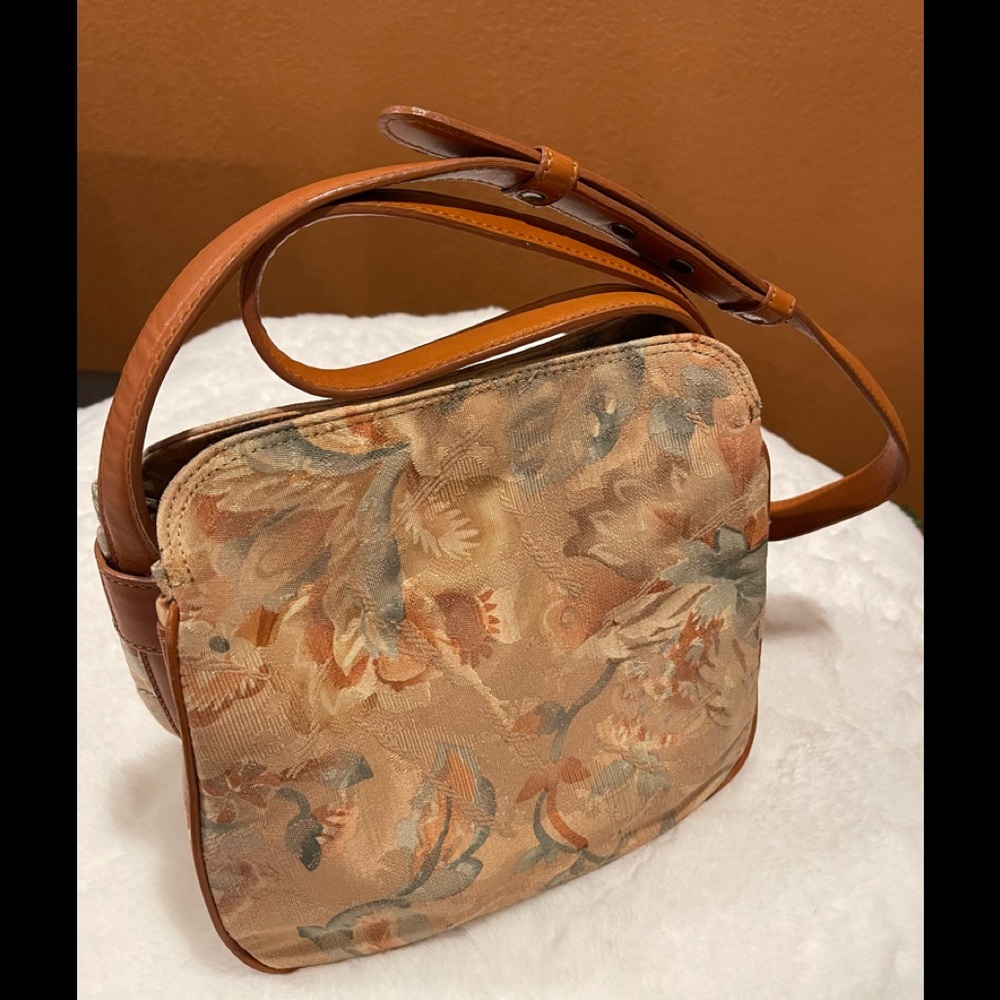 Vintage Perry Ellis Tapestry and Leather Crossbody Bag.